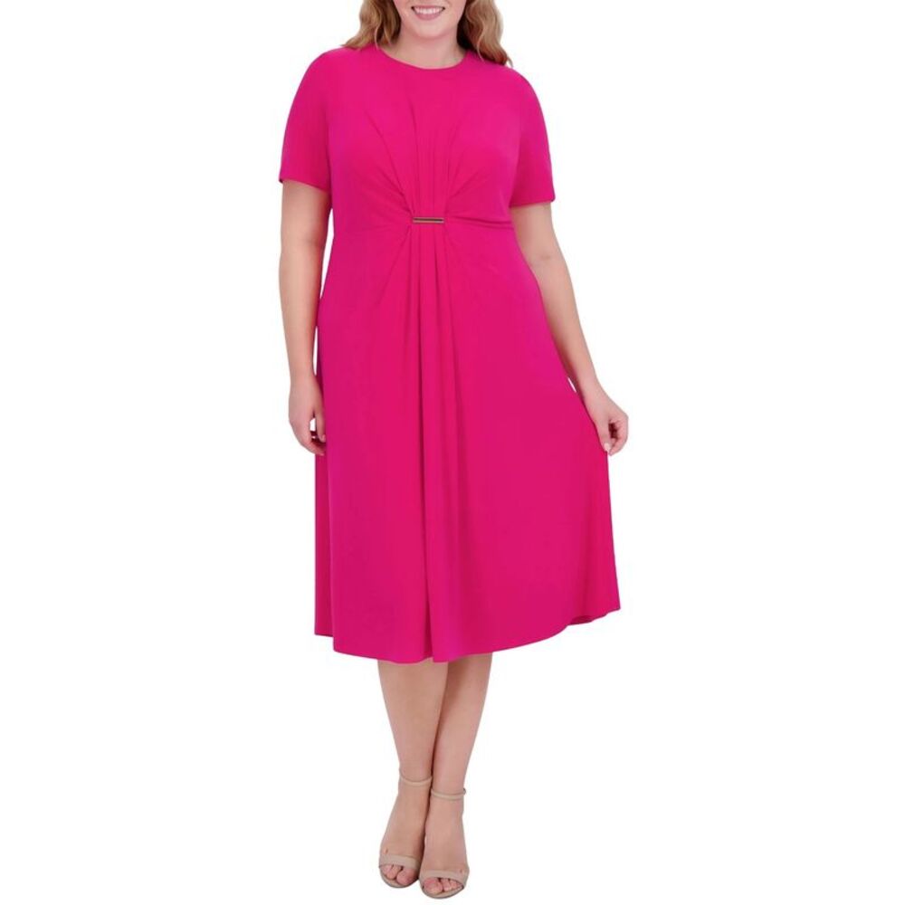 Jessica Howard Womens Plus Size Jewel-Neck Center-Pleat Midi Dress 14W Hot Pink